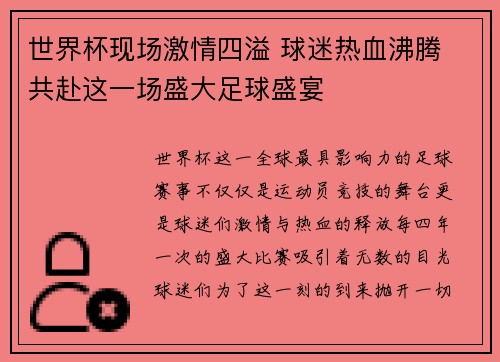 世界杯现场激情四溢 球迷热血沸腾 共赴这一场盛大足球盛宴